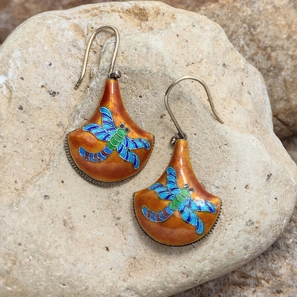 Women Vintage Dragonfly Enamel Round Jade Earrings